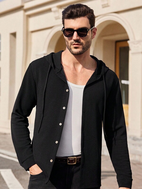 Manfinity NXTstreet Chaqueta con capucha texturizada para hombres, adecuada para uso diario. Chaqueta casual con botones y capucha para hombres, de manga larga y peso ligero, para uso casual. Chaqueta con capucha para hombres, chaqueta de verano para hombres, chaqueta con capucha de manga larga y peso ligero para hombres, chaqueta casual con botones para hombres, otoño, invierno