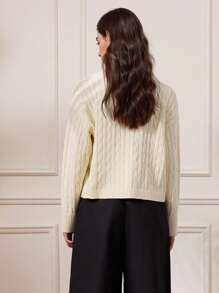 Briarwyn 女士休闲字母刺绣 V 领落肩长袖毛衣，秋季女士，冬季女士，老钱风格，返校，复古女士，女士教师 - 米色 - 查看 3