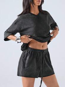 LYSMO 两件套女士V领落肩水洗字母印花T恤和短裤休闲家居服套装，夏季街头简约风，适合办公室穿着，夜间外出/休闲场合；黑色水洗短袖T恤和短裤两件套，运动健身，舒适休闲，通勤百搭，校园服装 - 黑色 - 查看 5