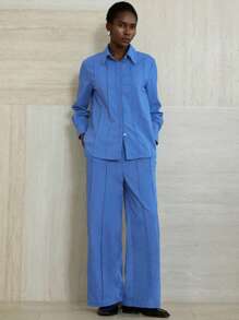 Aveloria Modichic 两件套：复古风高腰褶饰亚麻休闲裤 - 藍色 - 查看 6