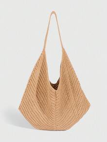 ROMWE Fairycore 1 pieza Bolso de playa tipo tote de mujer de gran capacidad, tejido hueco de color caqui, con decoración de conchas y estrellas de mar de estilo vacacional tropical y oceánico - Multicolor - Ver 4