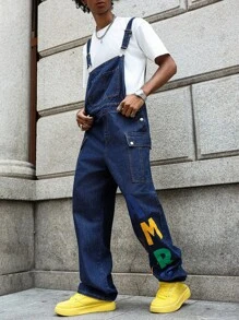 PAVTROS 男士休闲街头字母印花翻盖口袋牛仔背带裤 - 中等水洗藍 - 查看 3