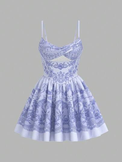 Sweetina 女士细肩带印花镂空扭纹迷你连衣裙 7 月 4 日女士服装