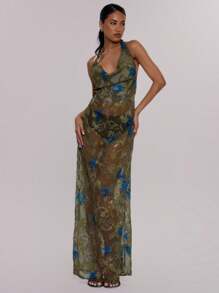 MUSERA Elegantes, sexy Maxikleid mit Wasserfallausschnitt, floralem Muster, schulterfreiem Besatz und lockerer Passform – perfekt für Sommerhochzeiten, Geburtstage, Abschlussbälle und Schulabschlussfeiern. - Dunkelgrün - Übersicht 4