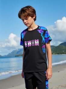Tween Boy Round Neck Raglan Sleeve Summer Casual Swimsuit, Two-Piece Swimwear With Printed Design