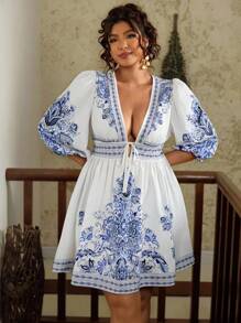 Travachic 大码女式复古印花褶皱七分袖连衣裙，松紧腰带系带短款连衣裙，休闲波西米亚风连衣裙，夏季度假风