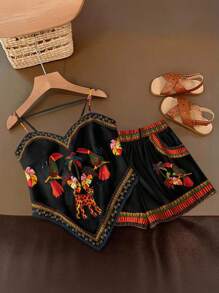 Flirla 2件套加大码女式数码动物印花吊带背心和短裤