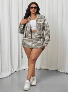 Slaydiva Plus Size Casual Camouflage Print Denim Jacket - Green - View 6