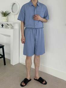 DAZY Summer Navy Solid Drawstring Elastic Waist Shorts, Matching Outfit With Men's Shirt - Blue - View 7