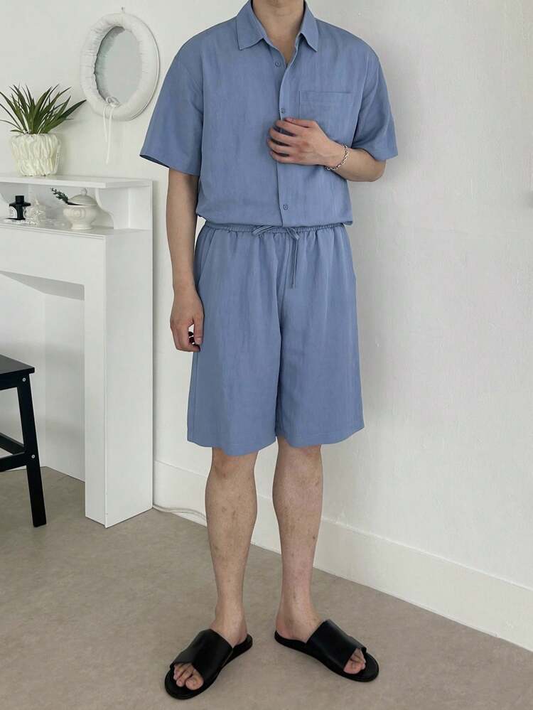 Summer Navy Solid Drawstring Elastic Waist Shorts, Matching Outfit With Men's Shirt