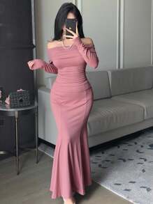 DAZY 2pcs Women Set, Casual Off Shoulder Top T-Shirt & Fishtail Skirt, Fitted And Sexy, Suitable For Spring/Summer, Autumn,Fall Women Clothes - Coral Pink - View 7