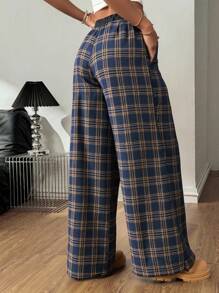 青少年女孩休闲格子直筒梭织裤