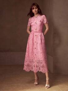 MOTF PREMIUM GUIPURE LACE BELTED DRESS - Pink - View 2