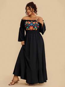 SHEIN VCAY Plus Size Women Floral Print Off-Shoulder Long Sleeve Flare Sleeve Front Split Maxi Dress, Casual/Resort - Black - View 4