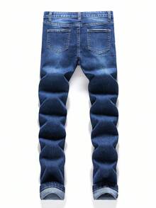Tween Boy Fashion Casual Y2k Vintage Cool Street Returns To School College Cut Out Ripped Frayed Design Basic Simple And Comfortable Dark Blue Denim Stretch Perforated Skinny Jeans For Kids Soft Dailywear And Kids Winter And Fall Rave Festival And At Home Streetwear School - Blue - View 2