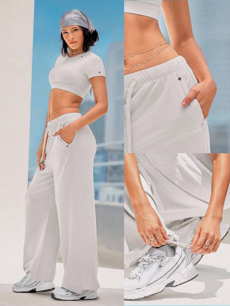 Move And Grove Soft Smooth Reflective Pockets Drawstring Waist Smooth Oversized Baggy Wide Leg Sweatpants Dancing Daily Casual Wear  Spring Summer