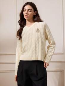 Briarwyn 女士休闲字母刺绣 V 领落肩长袖毛衣，秋季女士，冬季女士，老钱风格，返校，复古女士，女士教师 - 米色 - 查看 5