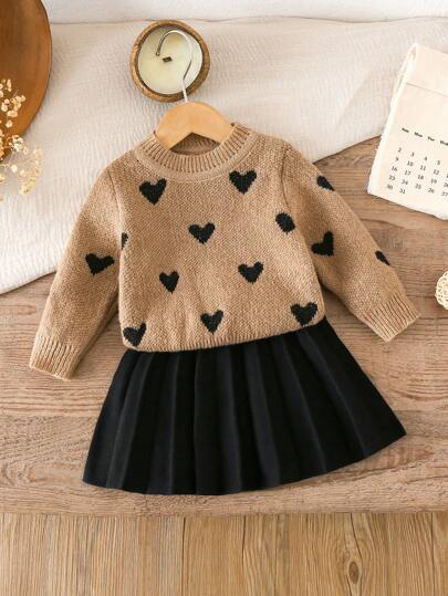 LMoss Kids 2件套女婴心形图案毛衣和裙子套装