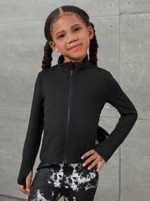 SHEIN Tricou sport cu mânecă lungă, tricotat, culoare solidă, pentru fete tinere, stil sport, cu fermoar, stil casual, elastic, cu fermoar frontal, decolteu înalt și mâneci lungi, croială strâmtă, pentru purtare zilnică. Excelent pentru ținute casual și zilnice și pentru școală, jachete școlare, toamnă.