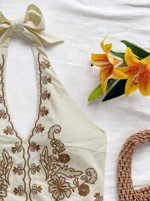 Soleia 波西米亚风格女式无袖工字背短款上衣，带花卉刺绣，系带露背设计，适合音乐节 - 彩色 - 查看 7