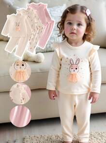 SHEIN Vintaside Kids 0-3歲女嬰長袖圓領套裝，可愛植物與兔子圖案，秋冬時尚套裝，6件組 - 彩色 - 查看 5
