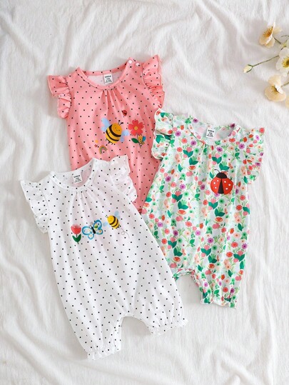 SHEIN Vintaside Kids 女婴三件套昆虫印花连体衣，荷叶边短袖和褶皱下摆，可爱夏季服装