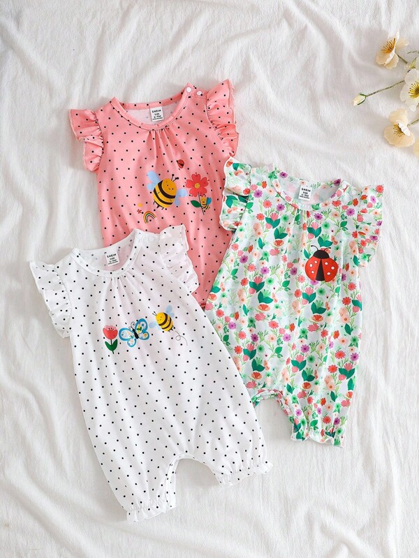 SHEIN Vintaside Kids Set da 3 pezzi per neonata, body con stampa di insetti, cappellino con maniche a volant e orlo arricciato, outfit estivo carino
