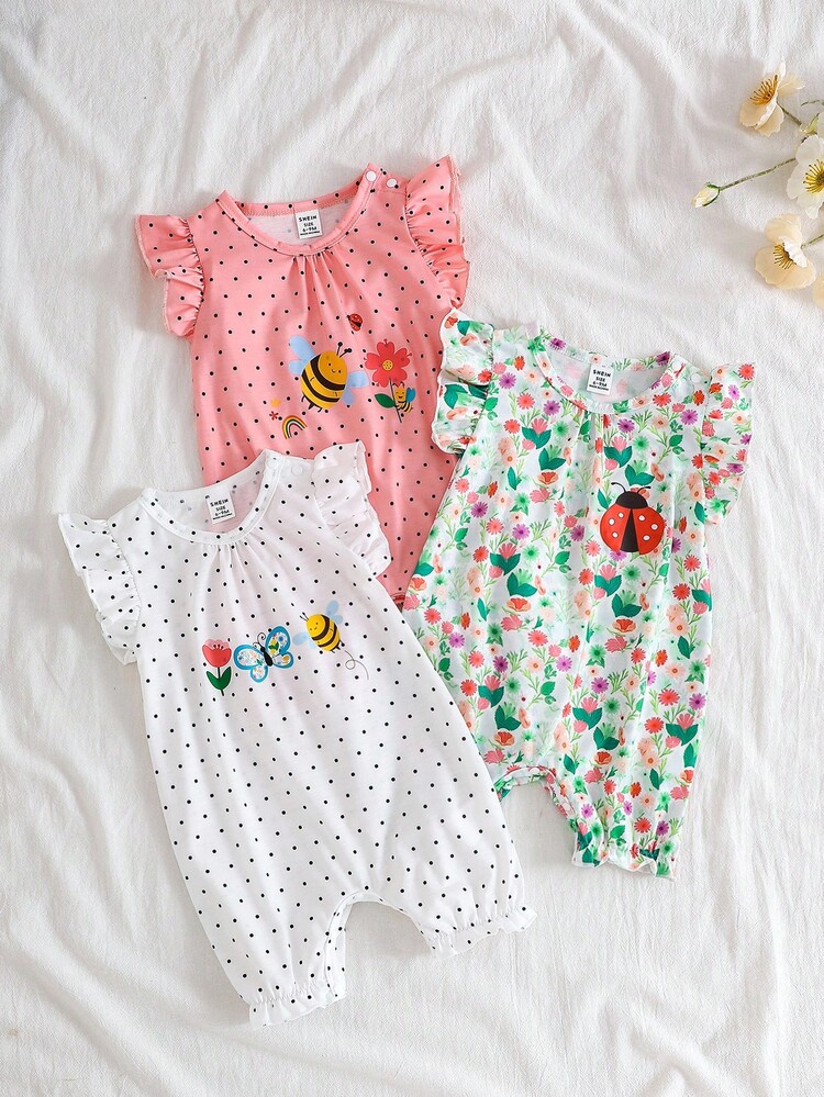 SHEIN Vintaside Kids 女婴三件套昆虫印花连体衣，荷叶边短袖和褶皱下摆，可爱夏季服装 - 彩色 - 查看 1