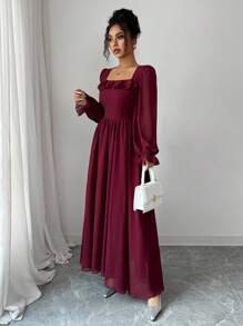 Modelyn 法式束腰方领荷叶边下摆 - 酒紅色 - 查看 4