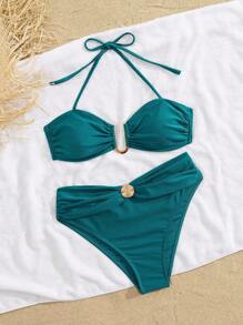 Swim Chiccia Quần yếm cạp cao vải nhẹ màu xanh nhạt cho lễ hội âm nhạc bãi biển mùa hè dành cho nữ Bộ bikini thanh lịch theo phong cách nghỉ dưỡng - Màu xanh ngọc - Xem 3
