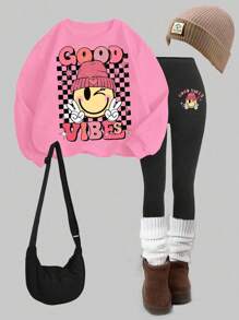 SHEIN Girlism 少女两件套厚长袖套头衫和裤子套装，休闲秋冬装 - 粉色 - 查看 1