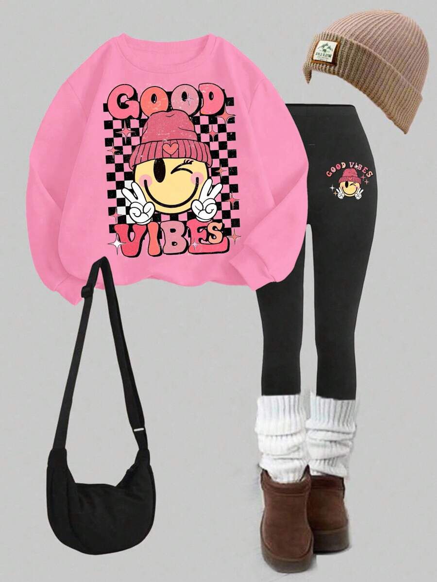 SHEIN Girlism 少女两件套厚长袖套头衫和裤子套装，休闲秋冬装 - 粉色 - 查看 1