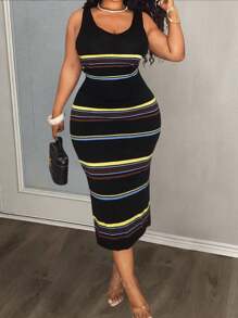 Slaydiva Damen Große Größen Sommer gestreiftes ärmelloses Top und Rock 2-teiliges Set, Große Größen körperbetontes Midi-Kleid, Große Größen gestreiftes Midi-Kleid, Kurvenreiches Midi-Kleid, Große Größen Sommerkleid, Große Größen Kleid für Kurven - Schwarz - Übersicht 10