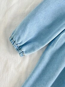 SHEIN 女婴秋季时尚西部风大领长袖真牛仔刺绣连衣裙，适合露营和休闲居家穿着，实用时尚的设计，夏季必备 - 淺藍色 - 查看 9