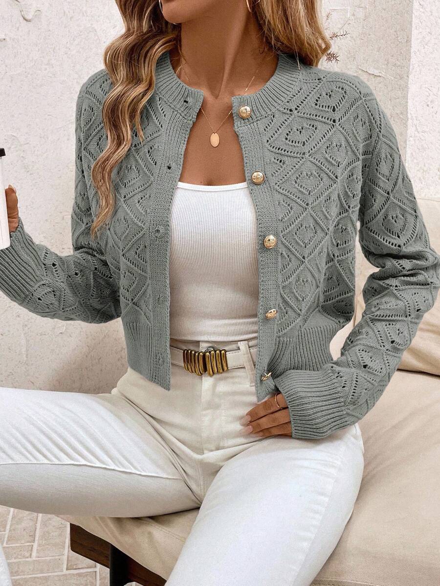 SHEIN Clasi Women's Solid Color Long Sleeve Single Breasted Casual Short Hollow Out Cardigan In Fall/Winter - Grey - View 1