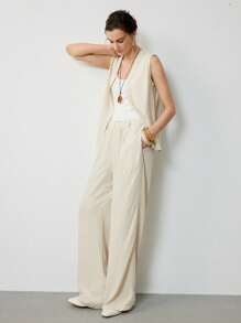 Uhlyne Bộ 2 món đồ thiết kế thanh lịch, đơn giản, màu trơn, thoải mái, phong cách đi làm cho nữ - Màu be - Xem 4