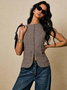 Poéselle Blusa informal a cuadros sin mangas para mujeres - Marrón - Ver 5