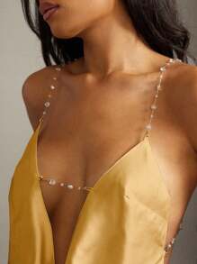 Denimoi Women's Print Decorate Chain Drapery Neck Top - Yellow - View 3