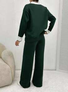 EURMUSE Ladies' Two Pieces Set Of Colorblock Cardigan With Rolled Edge And Drop Shoulder & Pants With Button Fly,Petite,Winter Clothes - Green - View 2