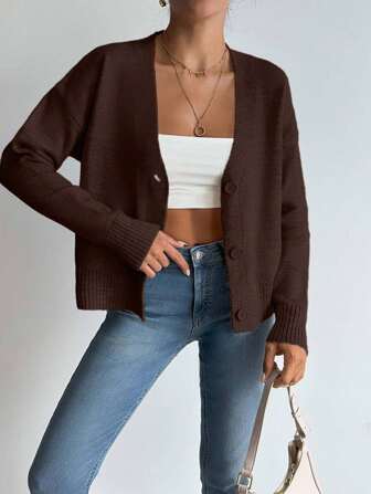 Women's Solid Color Drop Shoulder Long Sleeve Single-Breasted Casual Cardigan