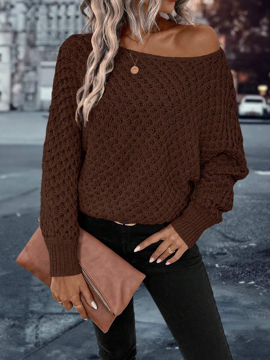 EMERY ROSE Women's Casual Solid Color Dropped Shoulder Loose Pointelle Knit Pullover Sweater Knit Pullover Fall Winter - Brown - View 1