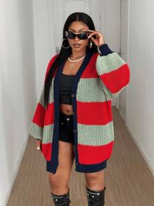 Maweii 大码女式拼色条纹格子休闲针织开衫 - 紅色 - 查看 6