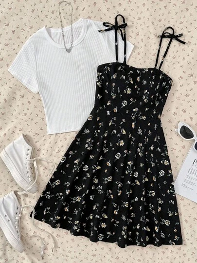 SHEIN Kids 2pcs/Set Teenage Girls White Knitted Fitted Crop Top & Black Ditsy Floral Camisole Dress With Bow Decor, Casual Vacation & Comfortable Home Wear, Suitable For Spring & Summer, Clean Girl Style Teen Summer Outfit Set Teen Outfits Set Teen Girls Outfit Set Cute Summer Outfits For Teens Floral Sundress Outfit Cute Teen Outfits Floral Summer Dress Floral Summer Dress Outfit Teen Kawaii Summer Outfit Cute Cheap Clothes