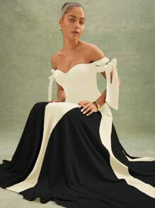 L'Amorae Elegant & Fashionable Color-Blocking Off-Shoulder Women's Dress With Waist Definition