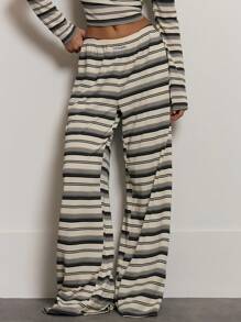 MUSERA' Embroidered Elasticated Waist Soft Stripe Wide Leg Trousers Comfy Cute Summer Vacation Holiday Airport Elegant Casual Bottoms Only Collective Office Attire For Women, Office Wear Women Christmas Fall Winter Thanksgiving