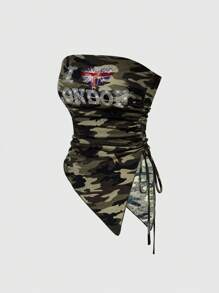 ROMWE J-Fashion Y2K 风格短款不对称抽绳迷彩印花紧身性感迪斯科上衣 - 軍綠色 - 查看 1