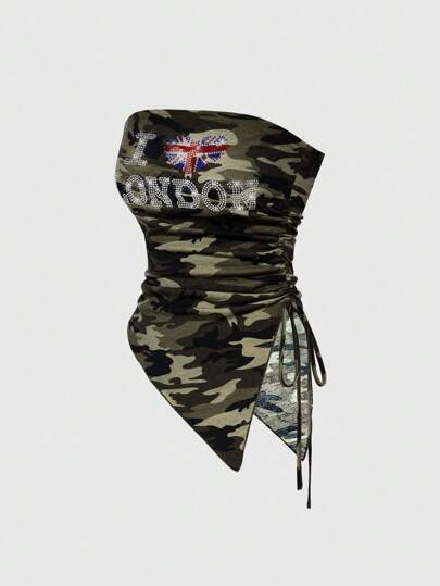 J-Fashion Y2K Style Cropped Asymmetric Drawstring Camo Print Tight Sexy Disco Tops For Women