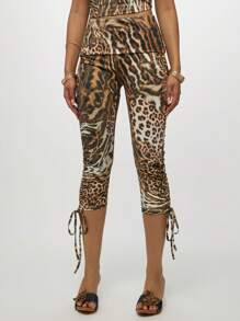 SUMWON WOMEN 混合动物印花折叠七分紧身裤，带有褶皱侧边细节，可调节抽绳侧边收褶，适合派对俱乐部夜间外出时尚单品秋冬系列 - 彩色 - 查看 6