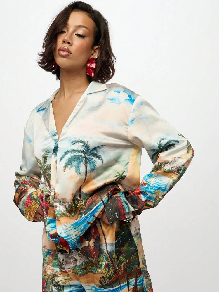 SUMWON WOMEN Tropical Paradise Resort Print Button Down Shirt