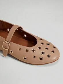 SHUZIA Elegant Ladies' Beige Pu Grommet Ballet Mary Jane Flat Round Toe Buckle Strap Casual Office Comfort Slip-On Spring Summer Vacay Shoes - Apricot - View 7